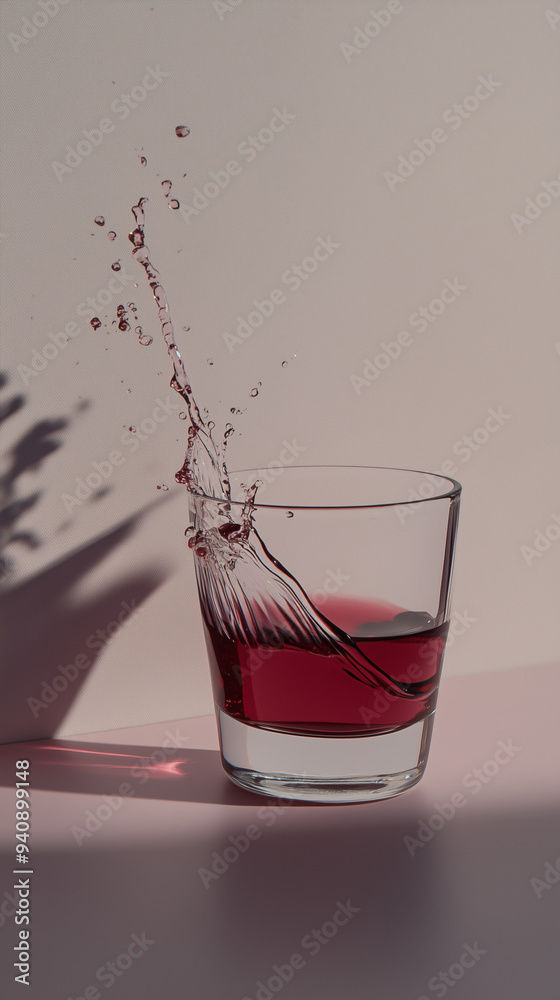 A glass of red wine with a splash of liquid on the side A glass of red wine with a splash of liquid on the side