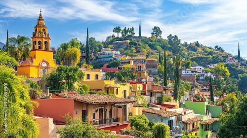 Wallpaper Mural A charming Mexican village on a hill, featuring a historic cathedral and brightly painted houses. Torontodigital.ca
