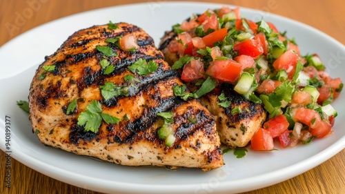 Grilled chicken breast served with fresh salsa, featuring vibrant tomatoes, cilantro, and onions on a white plate.