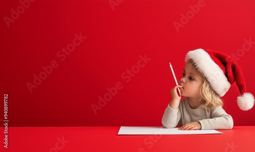 Child in Santa hat writing Christmas wish list, little girl with thoughtful expression penning letter to Santa Claus against vibrant red background, holiday tradition and childhood wonder photo