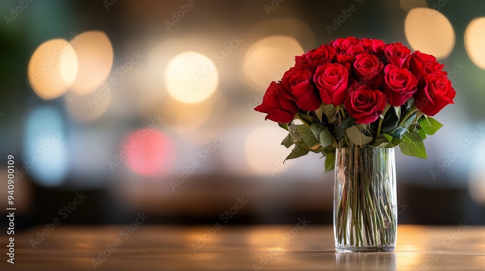 Vase with a bouquet of red roses, placed on a rustic dining table set for two, rich textures, and vibrant colors, evoking warmth and intimacy Vase with a bouquet of red roses, placed on a rustic dining table set for two, rich textures, and vibrant colors, evoking warmth and intimacy