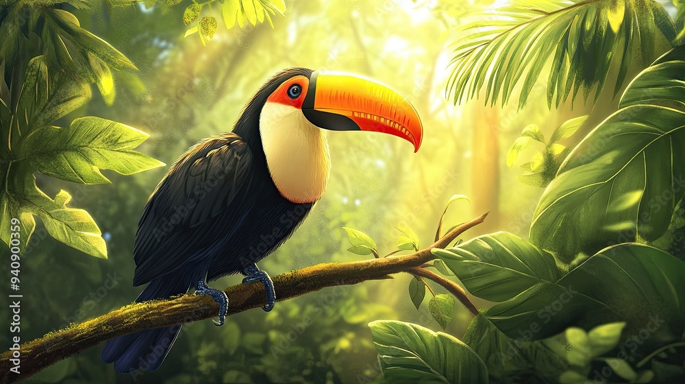 Fototapeta premium A close-up of a toucan on a branch, showcasing its striking colors against the backdrop of the jungle.