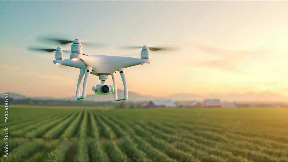 A white drone is flying over a field of green grass 4K motion A white drone is flying over a field of green grass 4K motion