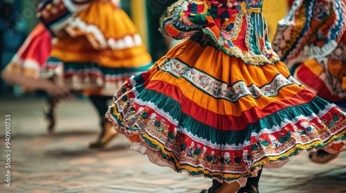 A close-up of dancers wearing traditional Mexican dresses, with flowing skirts during a cultural performance.