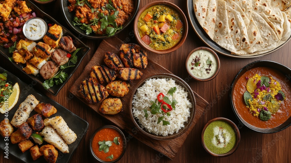 A rich spread of Indian cuisine on a traditional wooden table, vibrant colors and diverse textures A rich spread of Indian cuisine on a traditional wooden table, vibrant colors and diverse textures