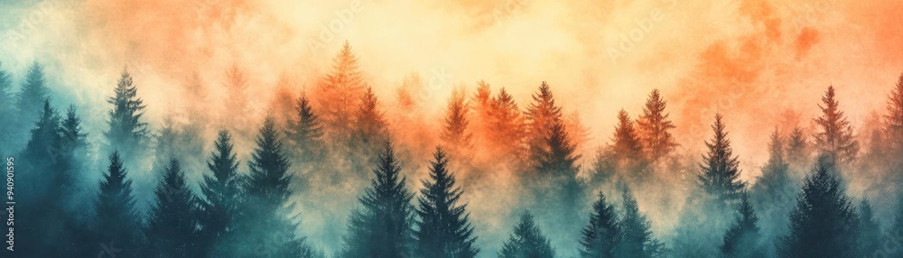 A misty forest scene with vibrant orange and blue hues, capturing the essence of nature's tranquility and beauty.