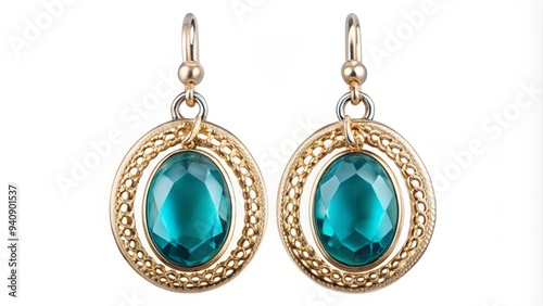 Here is a photo image of a pair of oval earrings isolated on a white background with a dangling chain.