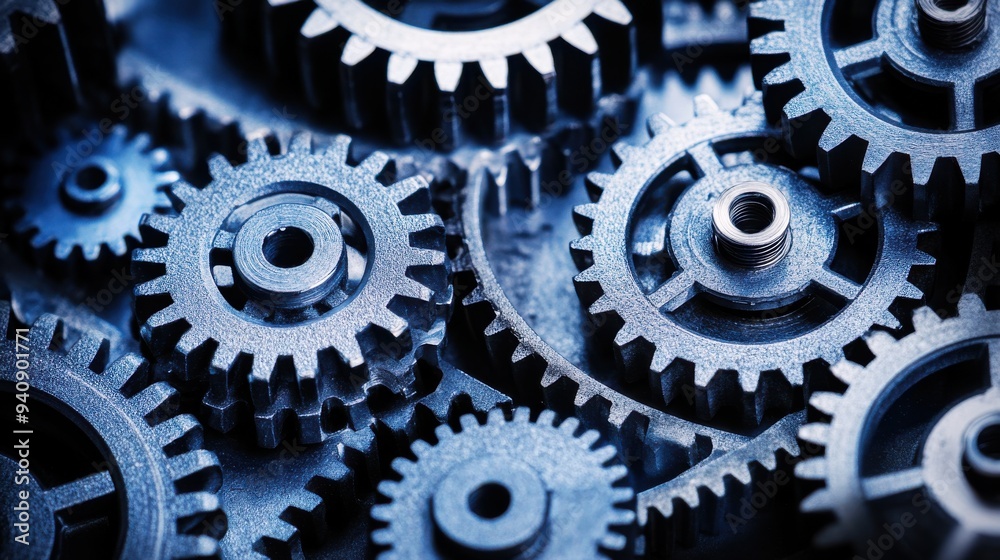 Close-up of interconnected metal gears forming a complex mechanical structure. Concepts of teamwork, machinery, and engineering. Close-up of interconnected metal gears forming a complex mechanical structure. Concepts of teamwork, machinery, and engineering.