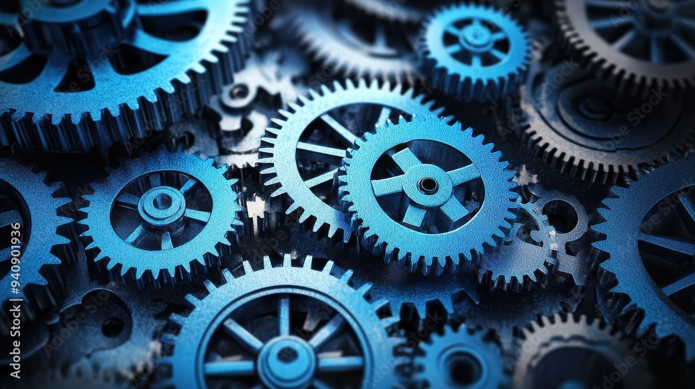 Close-up of intricate blue metallic gears interlocking, symbolizing teamwork, precision, and mechanical engineering.