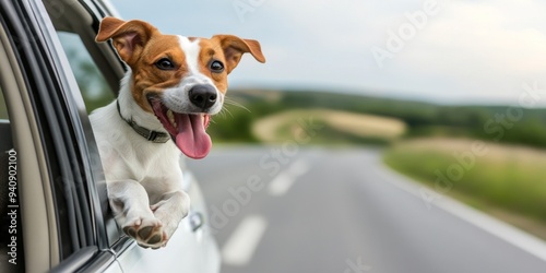 Joyful Dog's Adventure: Playful Canine Companion Enjoying Car Ride with Head Out Window. Heartwarming Pet Travel Experience for Marketing Campaigns, Pet Care Promotions, and Holiday Getaway Advertisem