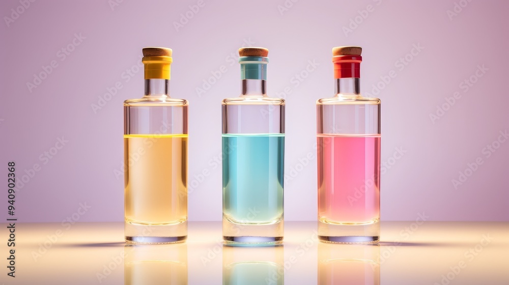 Colorful glass bottles filled with vibrant liquids, creating an aesthetic appeal perfect for product and beverage imagery. Colorful glass bottles filled with vibrant liquids, creating an aesthetic appeal perfect for product and beverage imagery.