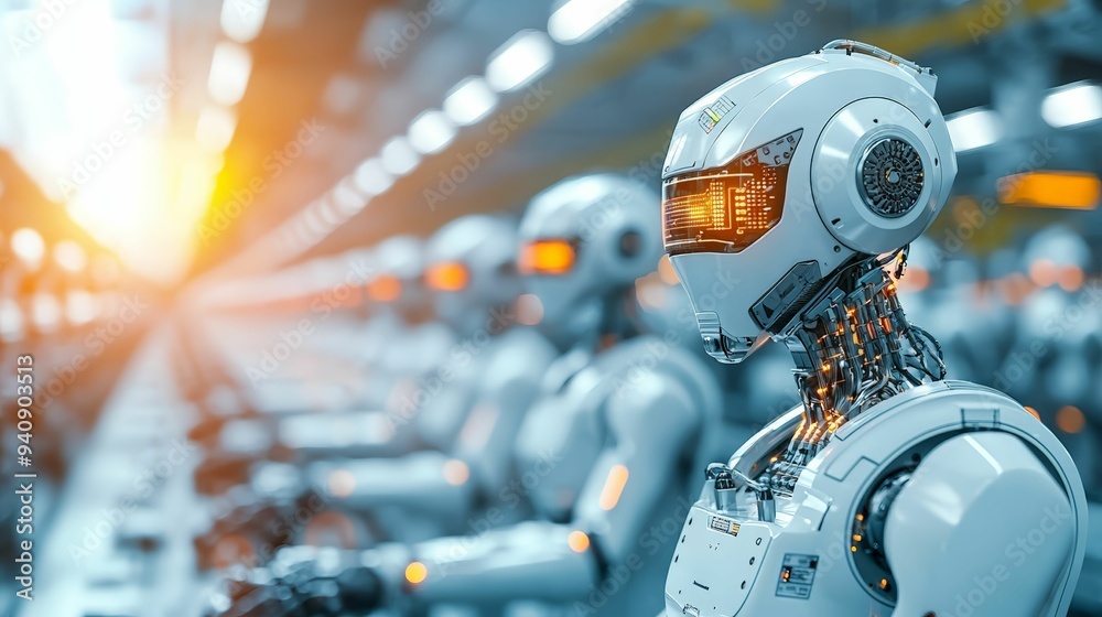 A row of futuristic robots with glowing orange lights working in a high-tech assembly line, illuminated by the warm glow of the sunrise. A row of futuristic robots with glowing orange lights working in a high-tech assembly line, illuminated by the warm glow of the sunrise.
