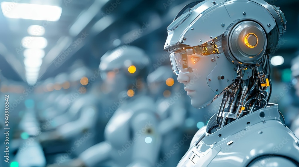 A close-up of futuristic humanoid robots with glowing orange lights, working in a high-tech assembly line, showcasing advanced robotics and artificial intelligence. A close-up of futuristic humanoid robots with glowing orange lights, working in a high-tech assembly line, showcasing advanced robotics and artificial intelligence.
