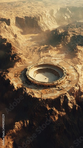 An Aerial View of a Circular Structure in a Desert Landscape photo