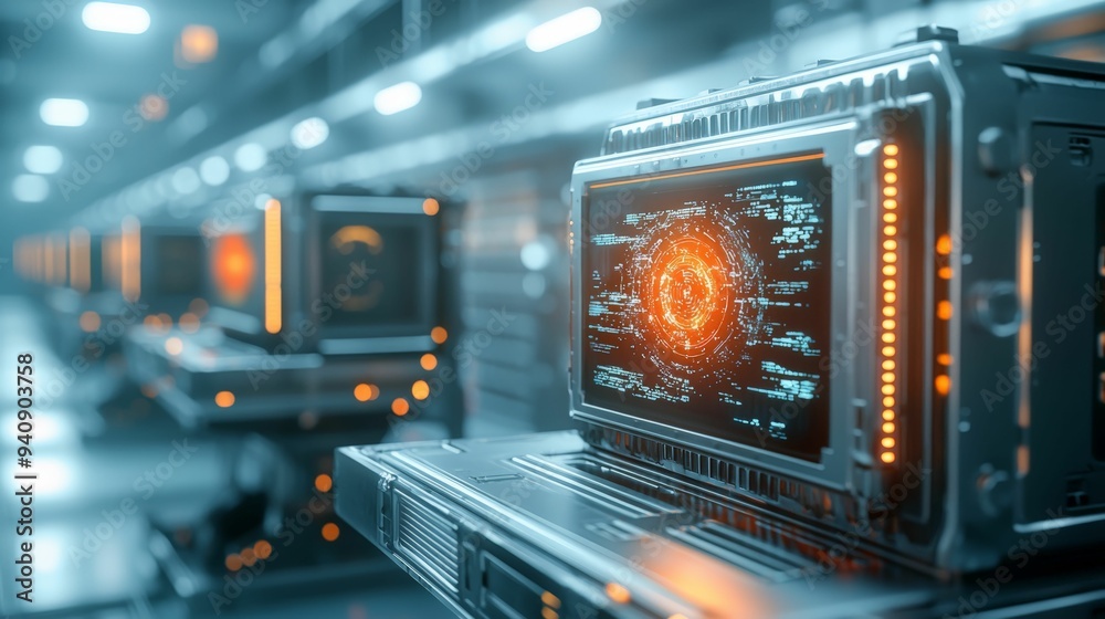 Close-up of a row of high-tech computer servers with illuminated digital displays in a futuristic data center, showcasing advanced technology.