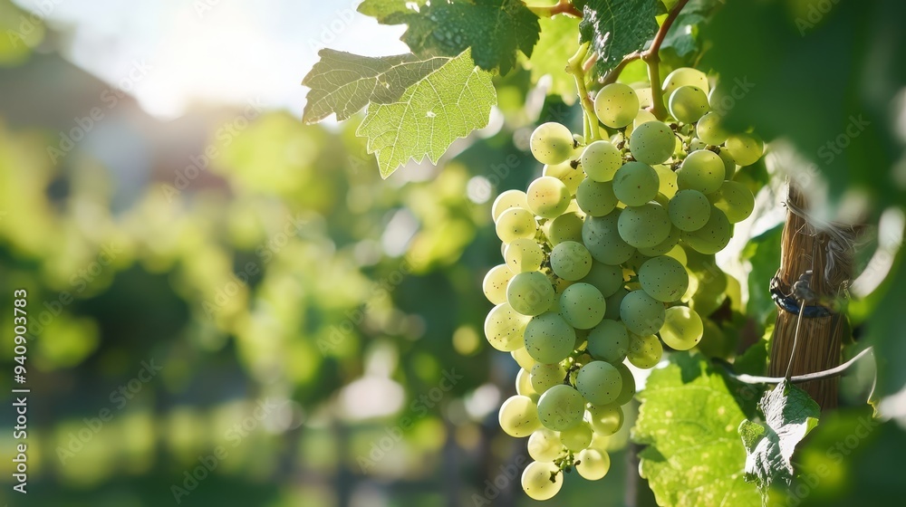 Fototapeta premium grapes hanging from vines, sun shines through leaves