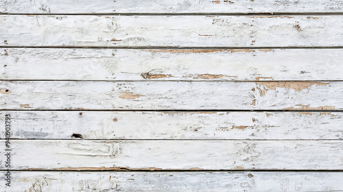 Old wooden plank wall painted with white peeling paint. Rustic background.