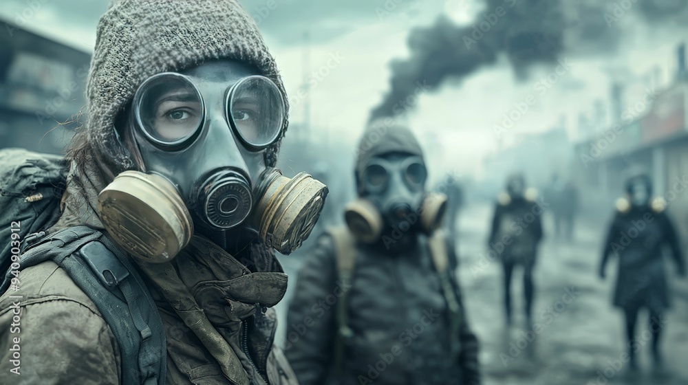 A close-up of a survivor wearing a gas mask and beanie, leading a group through a bleak, smoky post-apocalyptic wasteland, emphasizing survival. A close-up of a survivor wearing a gas mask and beanie, leading a group through a bleak, smoky post-apocalyptic wasteland, emphasizing survival.