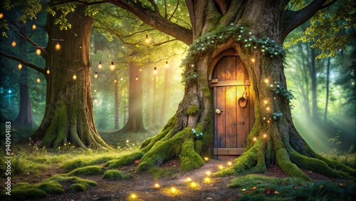 Whimsical enchanted tree with fairy door, glowing lights, and magical setting , enchanted, tree, fairy, door, glowing