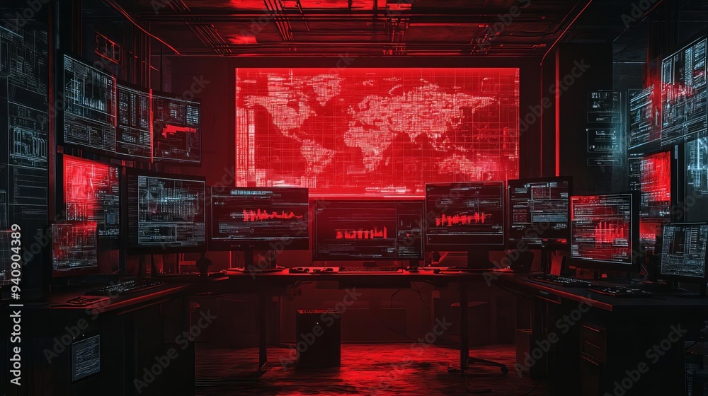 Cyber attack in progress, chaotic digital screens with red warnings and breached firewalls, front view, illustrating security breach, cybernetic tone, Monochromatic Color Scheme Cyber attack in progress, chaotic digital screens with red warnings and breached firewalls, front view, illustrating security breach, cybernetic tone, Monochromatic Color Scheme