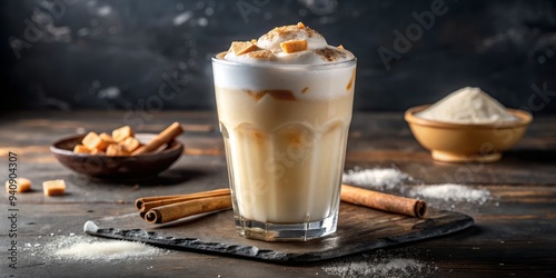 Creamy horchata pours into a clear glass, filled with ice cubes, and topped with a fluffy, foamy crown, a refreshing drink on a hot summer day.