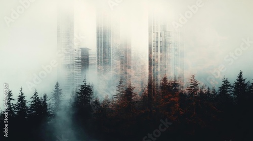 A misty forest scene with skyscrapers shrouded in fog, blending nature and urban life in a surreal landscape. photo