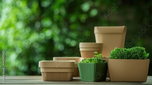 A collection of eco-friendly plant pots arranged on a wooden surface, filled with vibrant greenery, showcasing sustainable gardening.