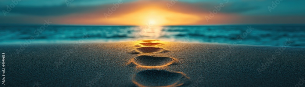Path to Success - Footprints in the Sand Towards Glowing Horizon of Achievement | Concept of Perseverance and Progress Path to Success - Footprints in the Sand Towards Glowing Horizon of Achievement | Concept of Perseverance and Progress