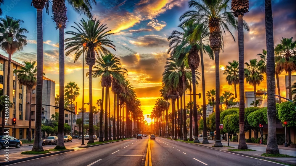 Sunset on a city street lined with palm trees , tropical, golden hour, evening, urban, scenic, vibrant, colorful Sunset on a city street lined with palm trees , tropical, golden hour, evening, urban, scenic, vibrant, colorful