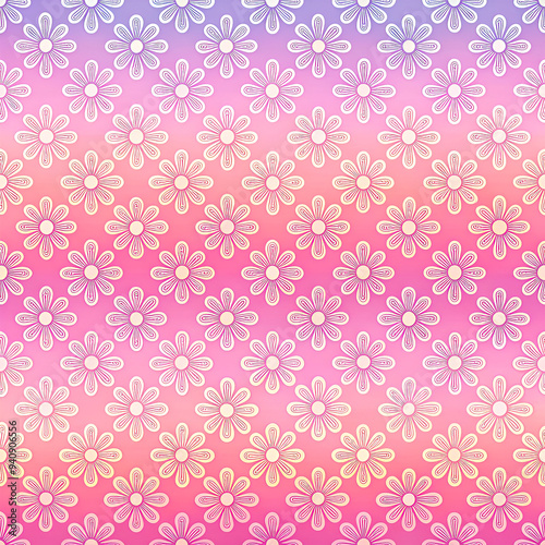Seamless pink purple gradient pattern with white flowers, retro theme