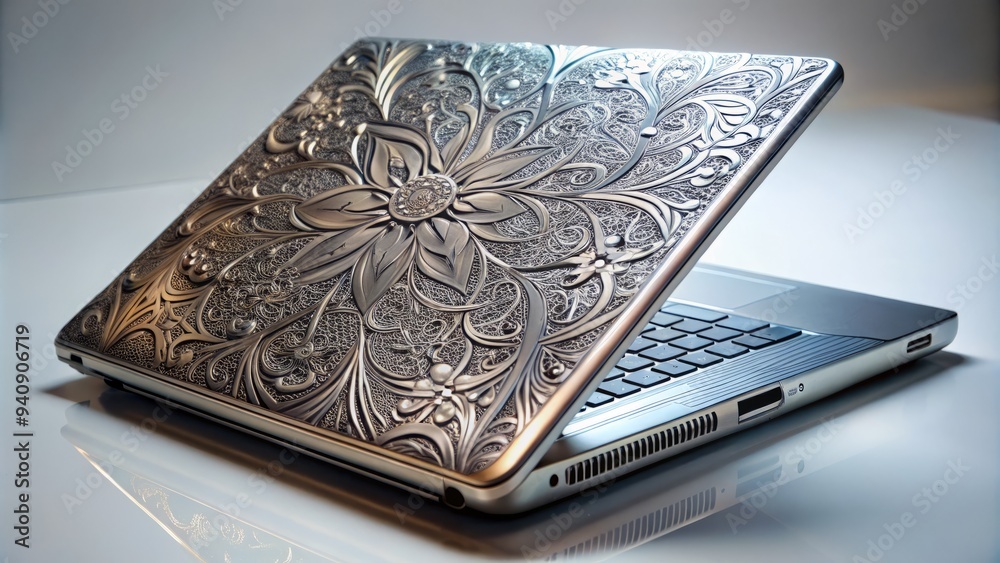 A metallic laptop with a intricate pattern of swirling lines and shapes adorns its surface, emitting a sense of high-tech sophistication. A metallic laptop with a intricate pattern of swirling lines and shapes adorns its surface, emitting a sense of high-tech sophistication.
