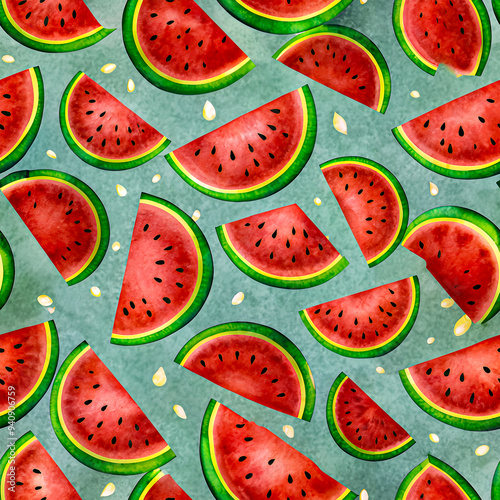 Seamless watercolor pattern with watermelon, fruit theme