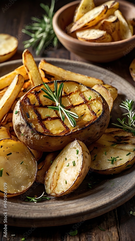 Delicious barbecue grilled potatoes with some garnish
