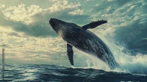 A whale breaching the ocean surface against a dramatic sky.