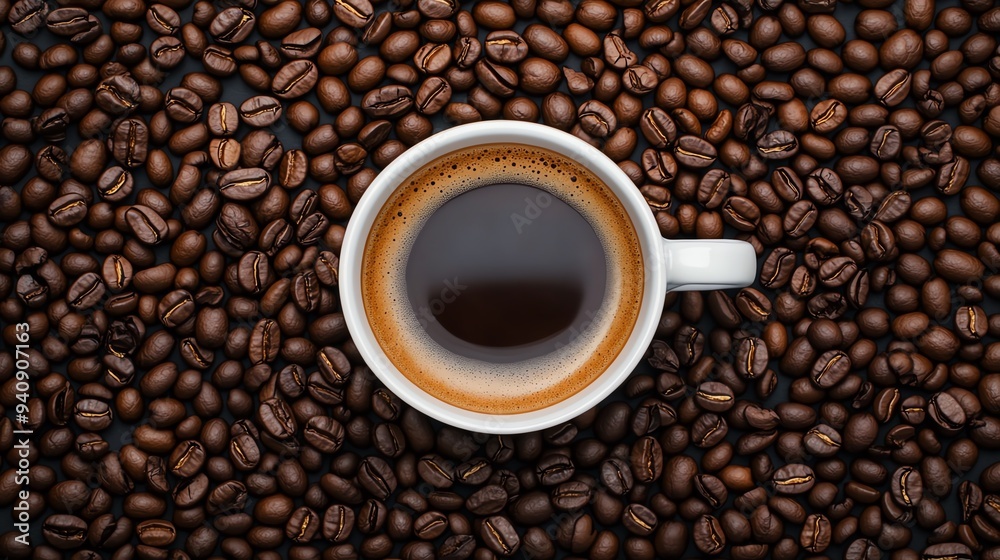 A coffee cup filled with rich, dark beverage surrounded by aromatic coffee beans, perfect for coffee lovers and food photography. A coffee cup filled with rich, dark beverage surrounded by aromatic coffee beans, perfect for coffee lovers and food photography.