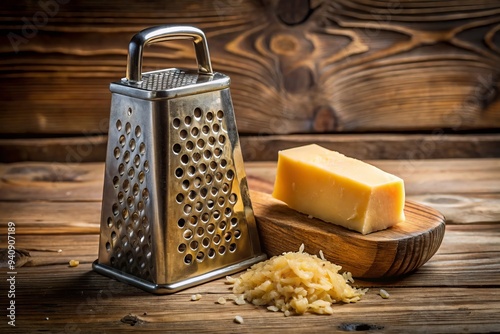 A vintage cheese grater sits proudly atop a block of cheese, its worn wooden handle and rusty metal blades a testament to years of faithful service.