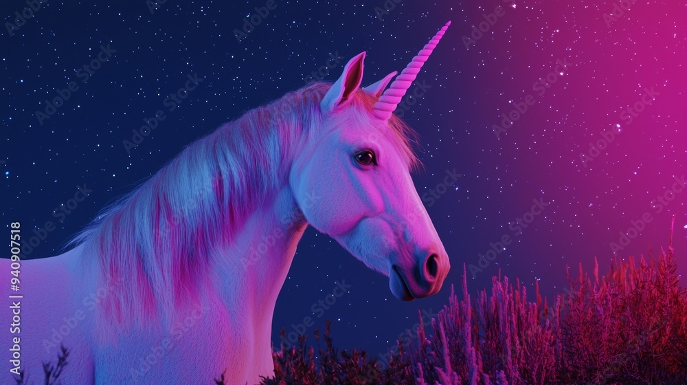 Dreamlike scene with a majestic unicorn, its rainbow mane glowing as shimmering stars light up the whimsical landscape Dreamlike scene with a majestic unicorn, its rainbow mane glowing as shimmering stars light up the whimsical landscape