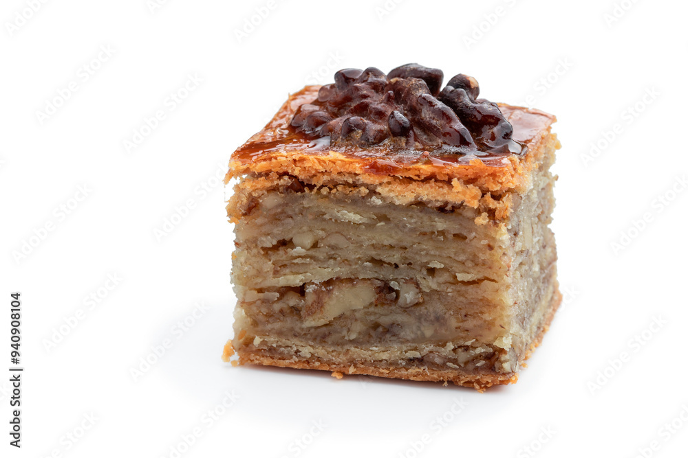 Homemade walnuts and honey baklava isolated on white Homemade walnuts and honey baklava isolated on white