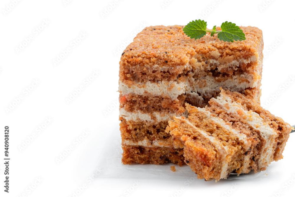 Piece of homemade carrot cake isolated on white background Piece of homemade carrot cake isolated on white background