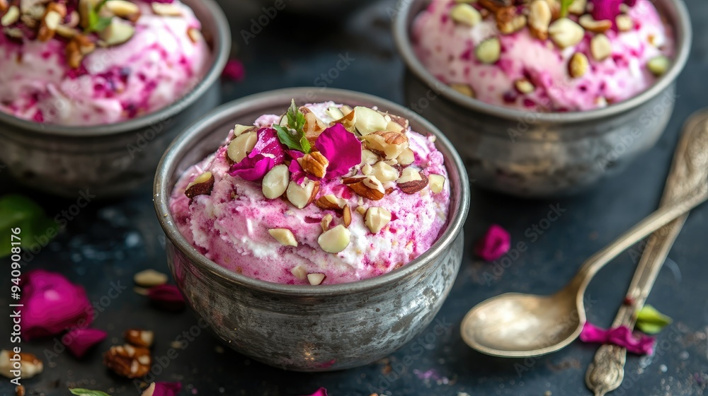 A detailed shot of Falooda Kulfi topped with rose syrup and nuts, capturing the flavors of this Indian dessert. A detailed shot of Falooda Kulfi topped with rose syrup and nuts, capturing the flavors of this Indian dessert.