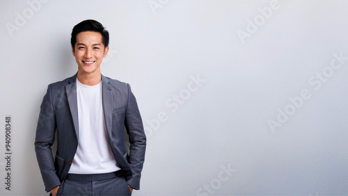 An Asian businessman with a smile, against a background of white walls.