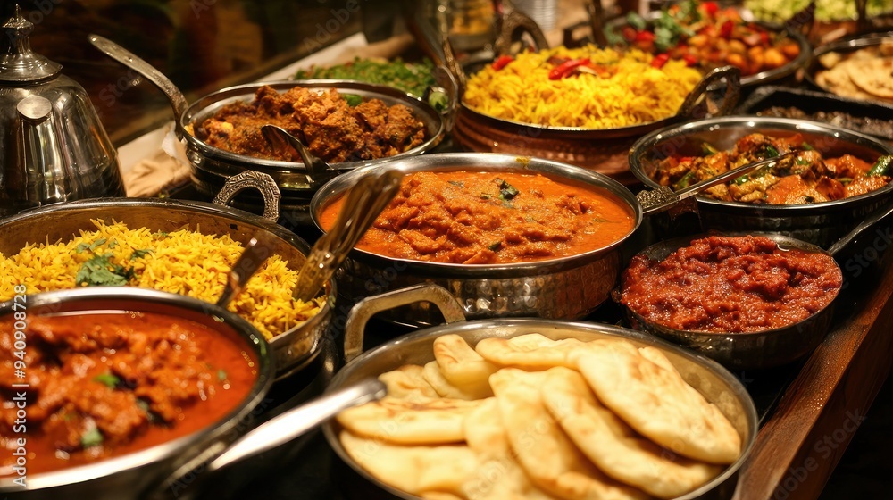 Obraz premium A diverse spread of Indian food, featuring curries, naan, biryani, and chutneys, beautifully arranged.