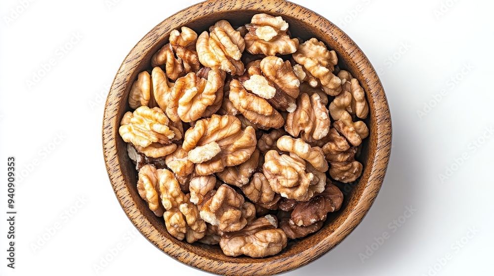 Shelled walnut halves in a bowl. These walnut tree seeds are used as snacks or for baking. Close-up overhead isolated shot on a white background. Shelled walnut halves in a bowl. These walnut tree seeds are used as snacks or for baking. Close-up overhead isolated shot on a white background.