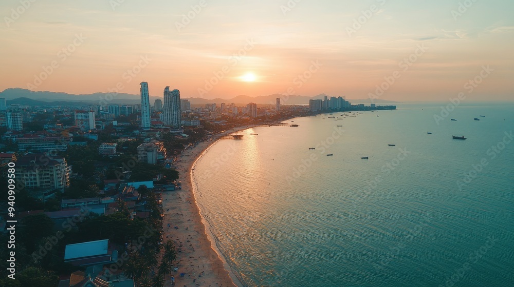 Fototapeta premium A drone shot of Pattaya city during the day, showing the harmony between the urban area and the natural coastline.