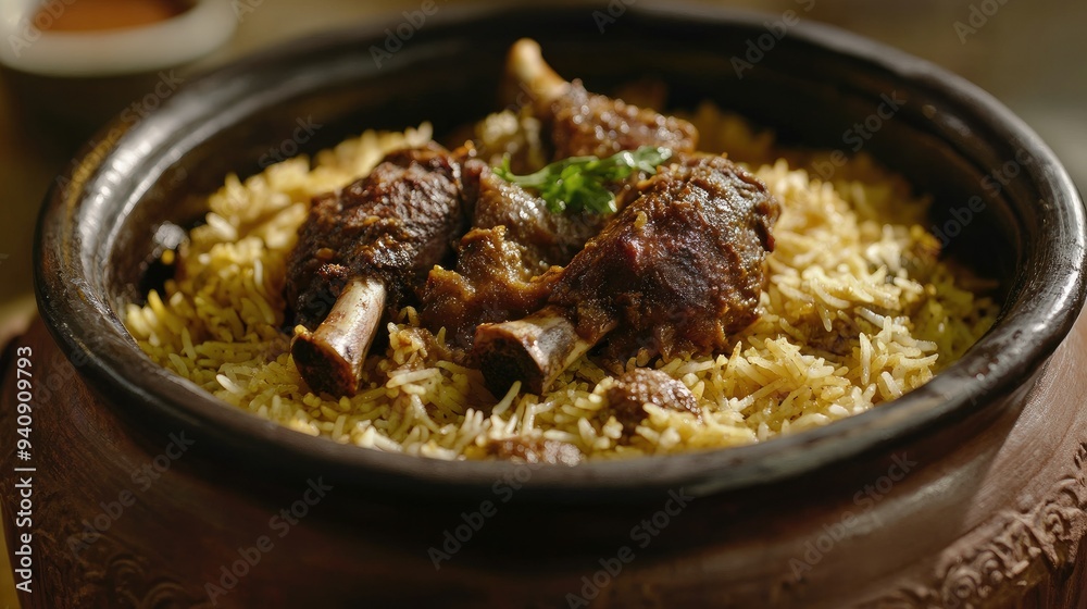 A Dum Handi mutton biryani served in a traditional clay pot, with fragrant rice and tender meat. A Dum Handi mutton biryani served in a traditional clay pot, with fragrant rice and tender meat.
