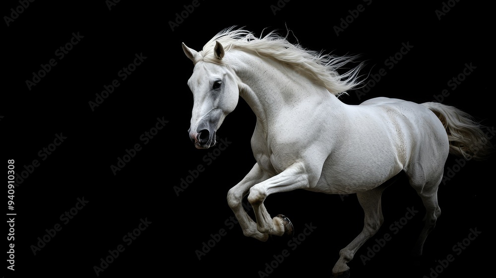 A dynamic shot of a white horse charging forward, set against a stark black background. A dynamic shot of a white horse charging forward, set against a stark black background.