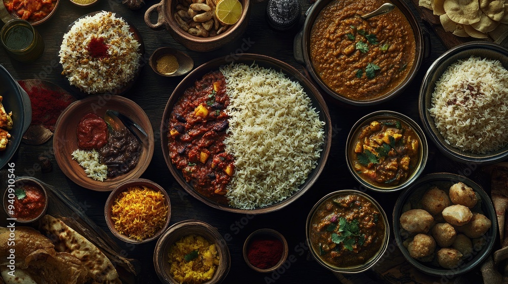 A feast of Indian dishes like dal, rice, and biryani, arranged with intricate detail on a dark background. A feast of Indian dishes like dal, rice, and biryani, arranged with intricate detail on a dark background.