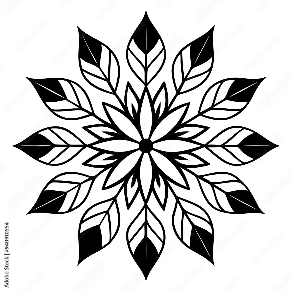 Mandala of leaves, bold, black and white generative AI. Mandala of leaves, bold, black and white generative AI.