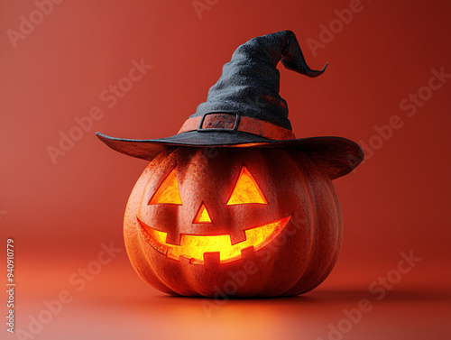 3D model of a pumpkin with a witch's hat, set against a gradient orange background.