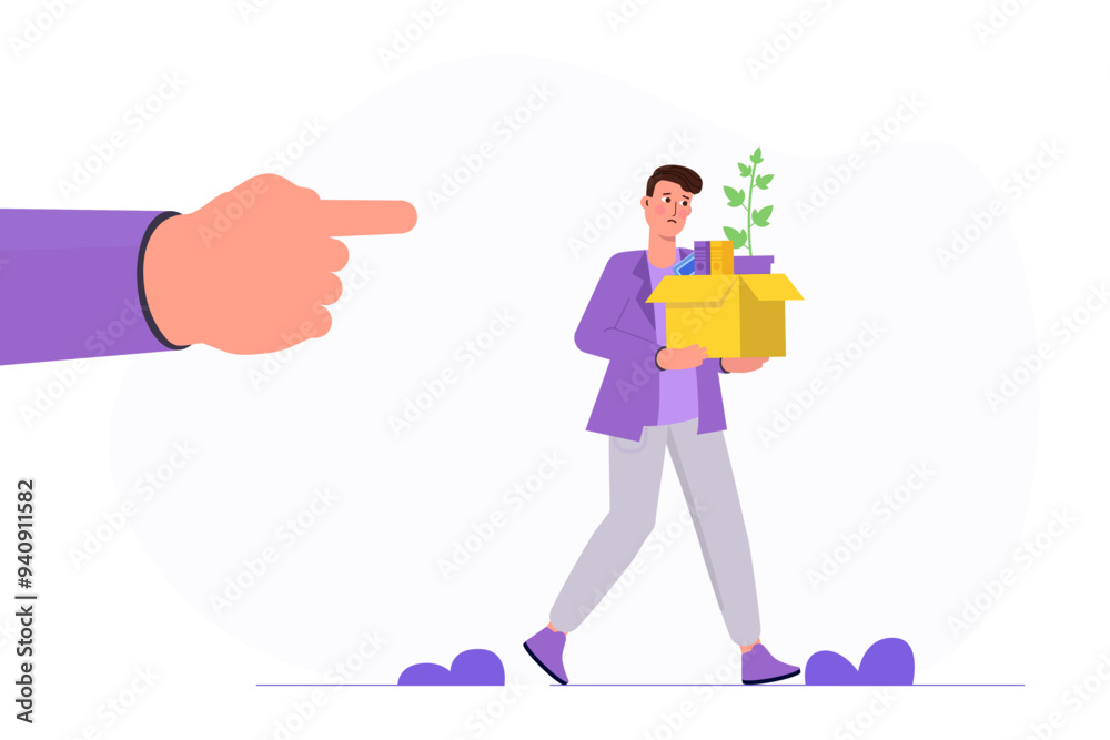 Obraz premium Being fired from work, company lay off concept. Boss hand pointing fired businessman employee away from office. Vector illustration.
